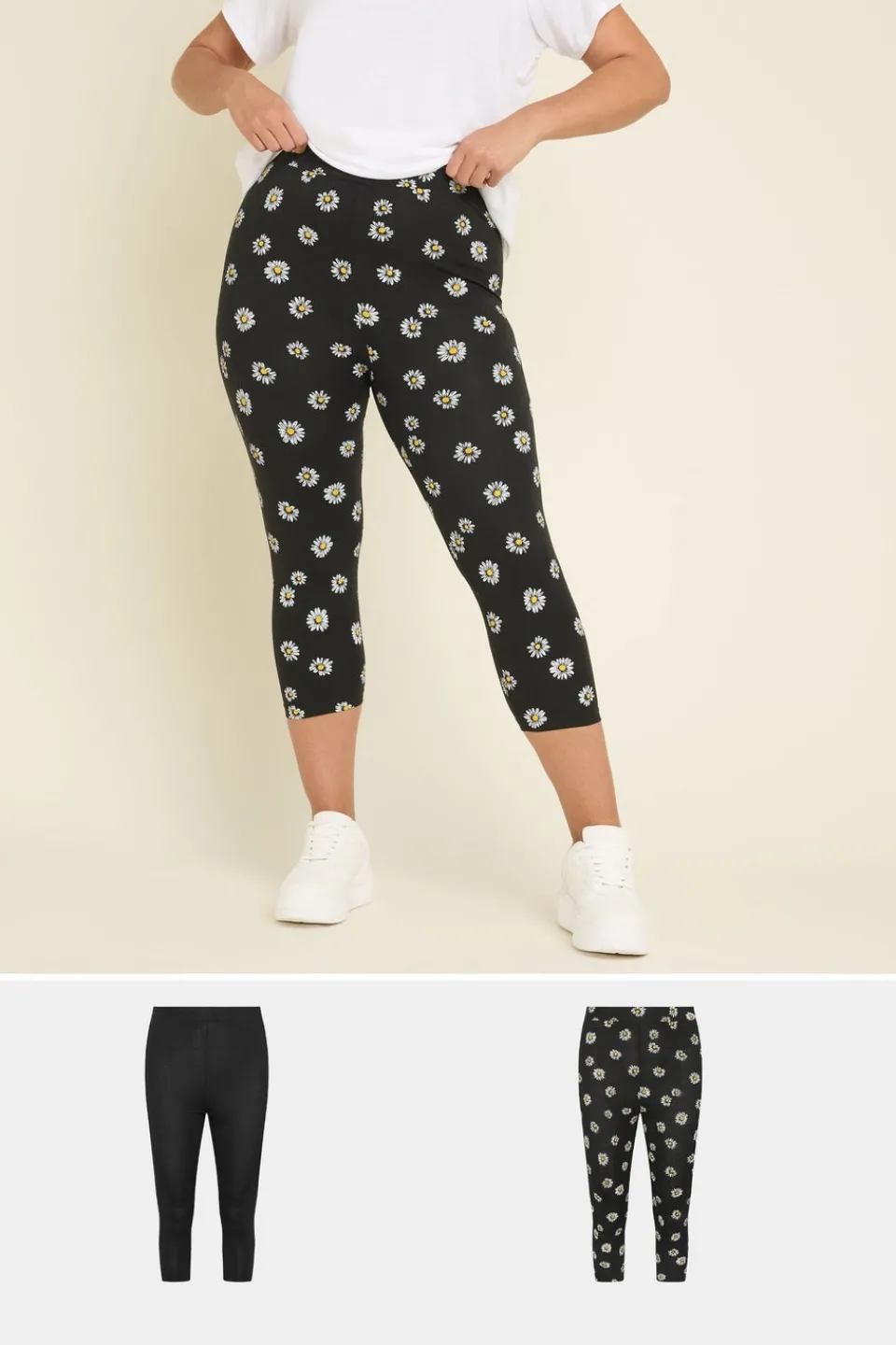 Leggings>YOURS 2 Pack Curve Black Daisy Print Cropped Leggings