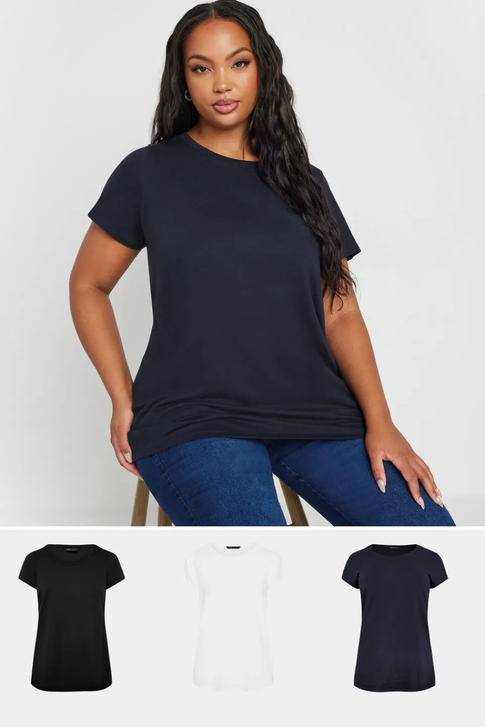 T-Shirts>YOURS 3 Pack Curve Navy Blue & Black Core T Shirts