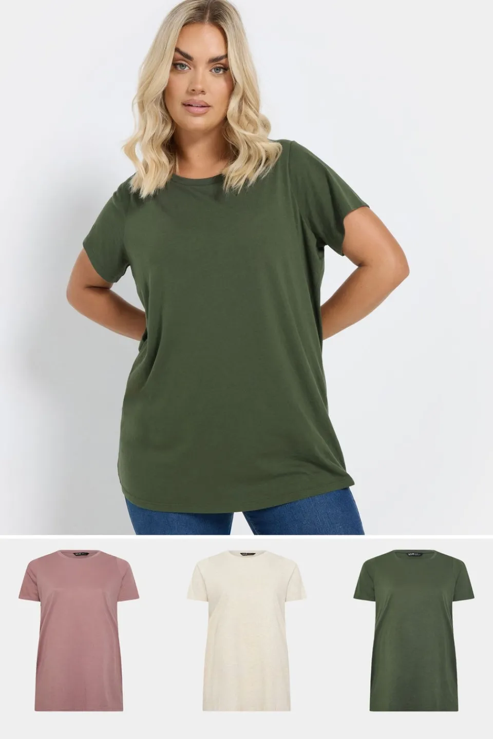 T-Shirts>YOURS Curve 3 Pack Green & White Essential T Shirts