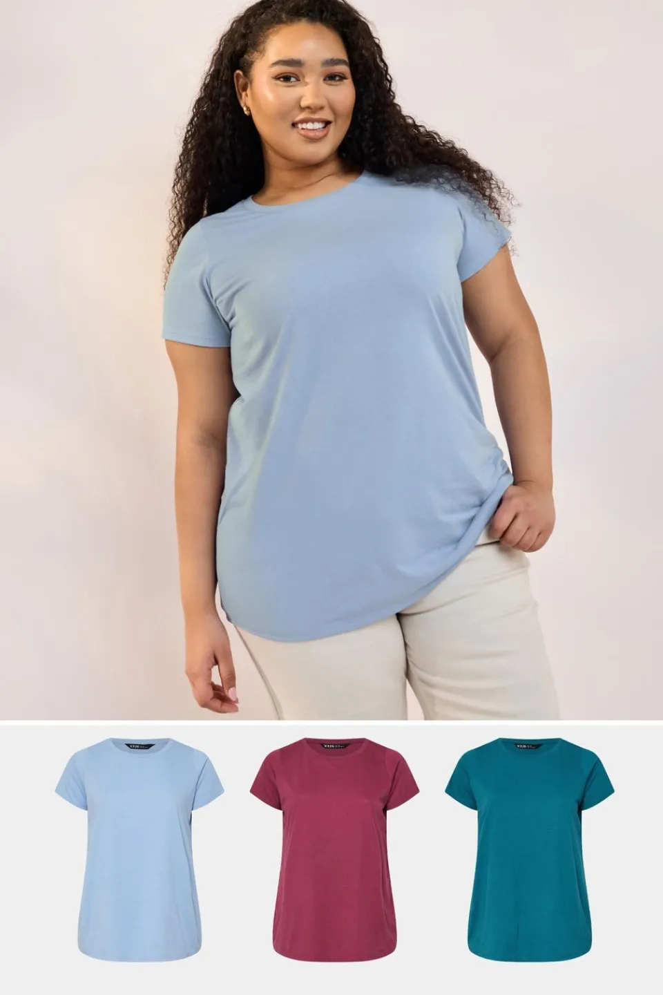 T-Shirts>YOURS Curve 3 Pack Wine Red & Blue Core T-Shirts