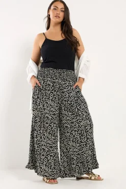 Trousers>YOURS Curve Black Abstract Print Shirred Waist Trousers