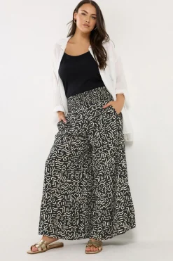 Trousers>YOURS Curve Black Abstract Print Shirred Waist Trousers