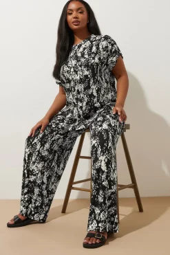 Trousers>YOURS Curve Black Abstract Print Plisse Wide Leg Trousers