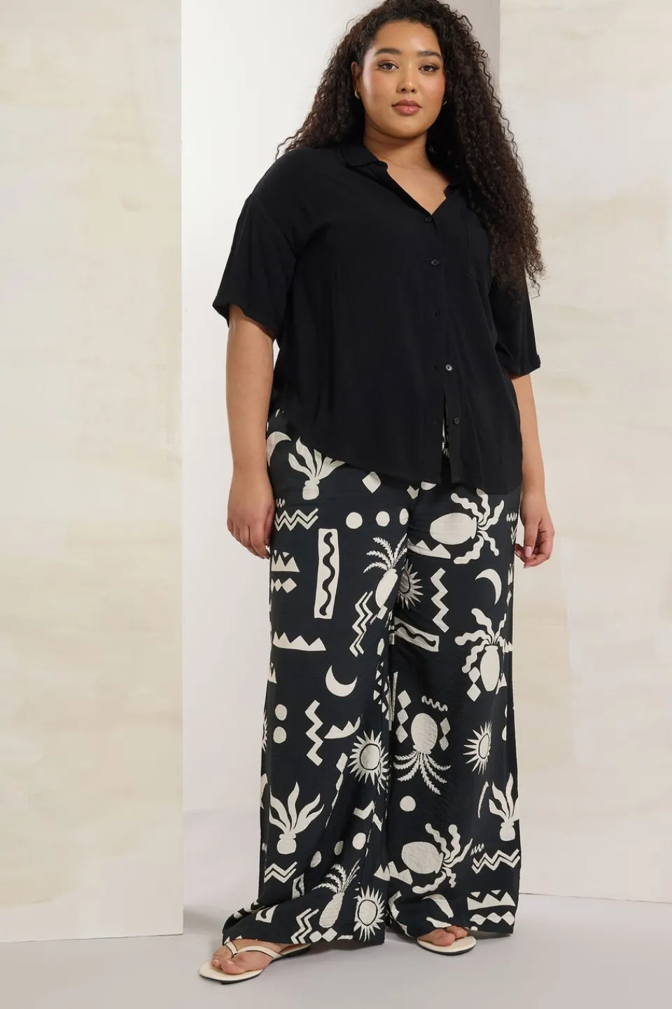 Trousers>YOURS Curve Black Abstract Print Twill Wide Leg Trousers