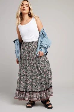 Skirts>YOURS Curve Black & White Floral Print Tiered Maxi Skirt