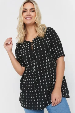 Tops>YOURS Curve Black & White Dobby Tie Neck Top