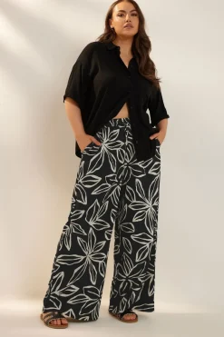 Trousers>YOURS Curve Black & White Floral Print Textured Wide Leg Trousers