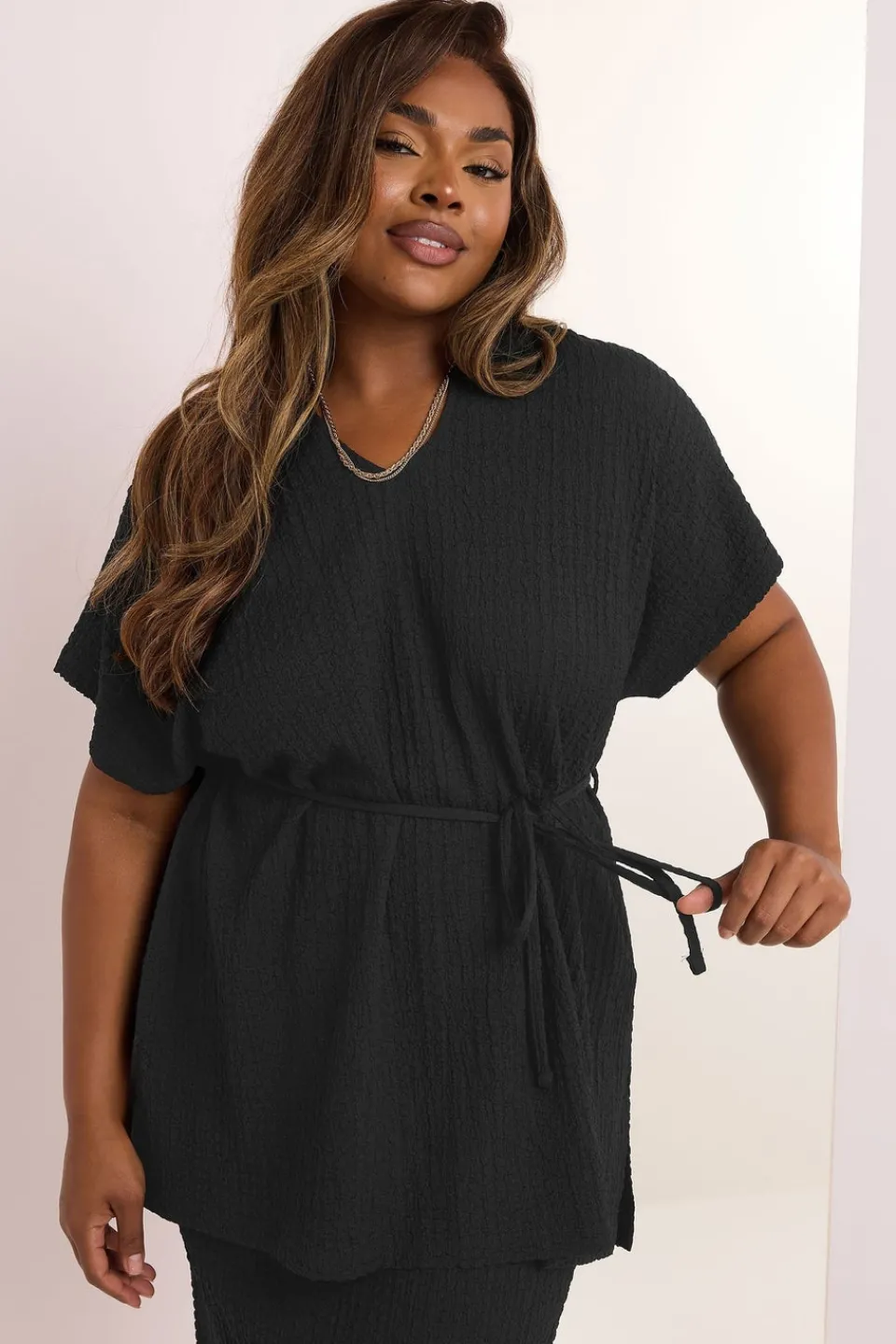 Tops>YOURS Curve Black Belted Textured Tunic Top