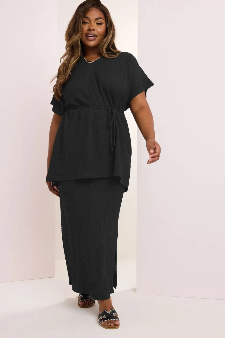 Tops>YOURS Curve Black Belted Textured Tunic Top