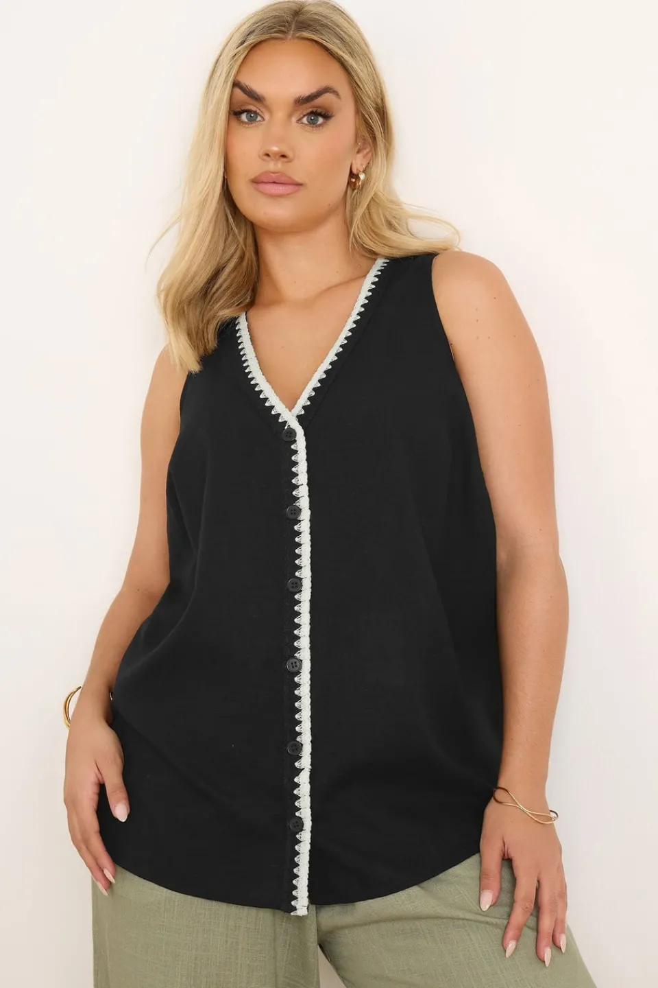 Tops>YOURS Curve Black Blanket Stitch Linen Vest Top