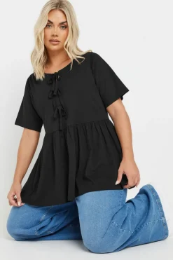 Tops>YOURS Curve Black Bow Tie Front Peplum Top