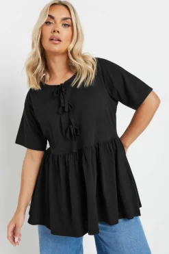 Tops>YOURS Curve Black Bow Tie Front Peplum Top