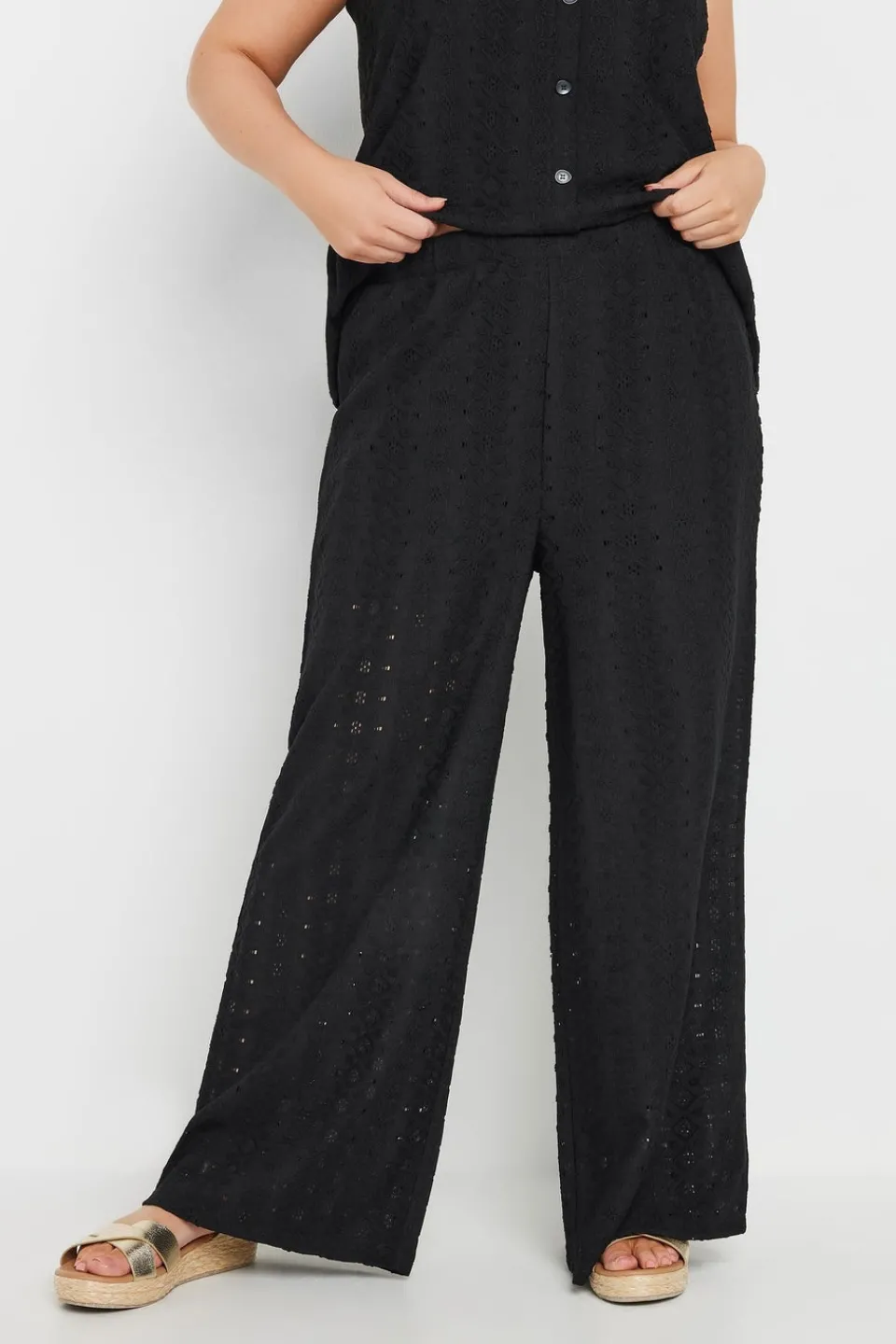 Trousers>YOURS Curve Black Broderie Anglaise Wide Leg Trousers