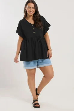 Tops>YOURS Curve Black Button Frill Sleeve Peplum Top