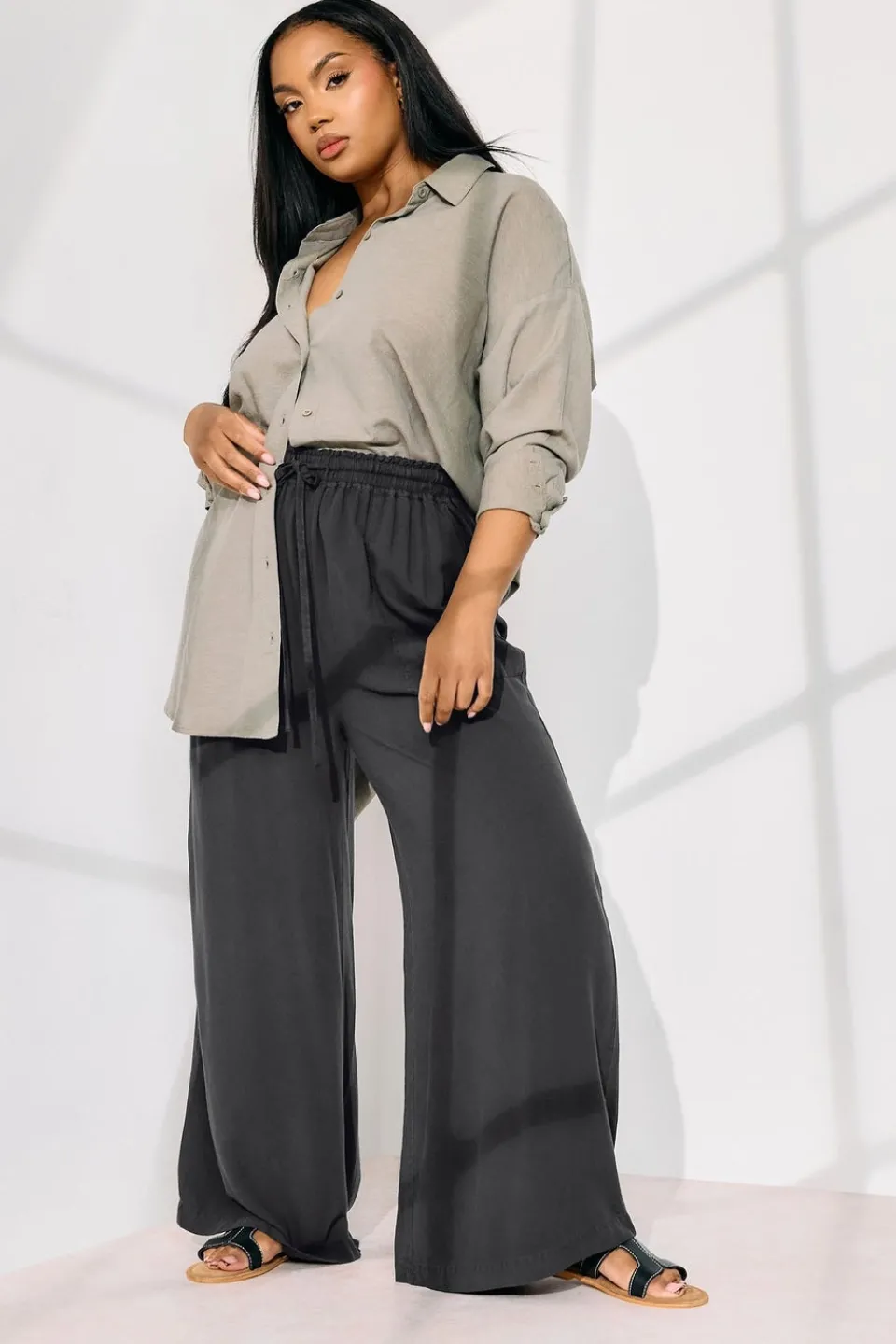 Trousers>YOURS Curve Black Chambray Tie Front Wide Leg Trousers