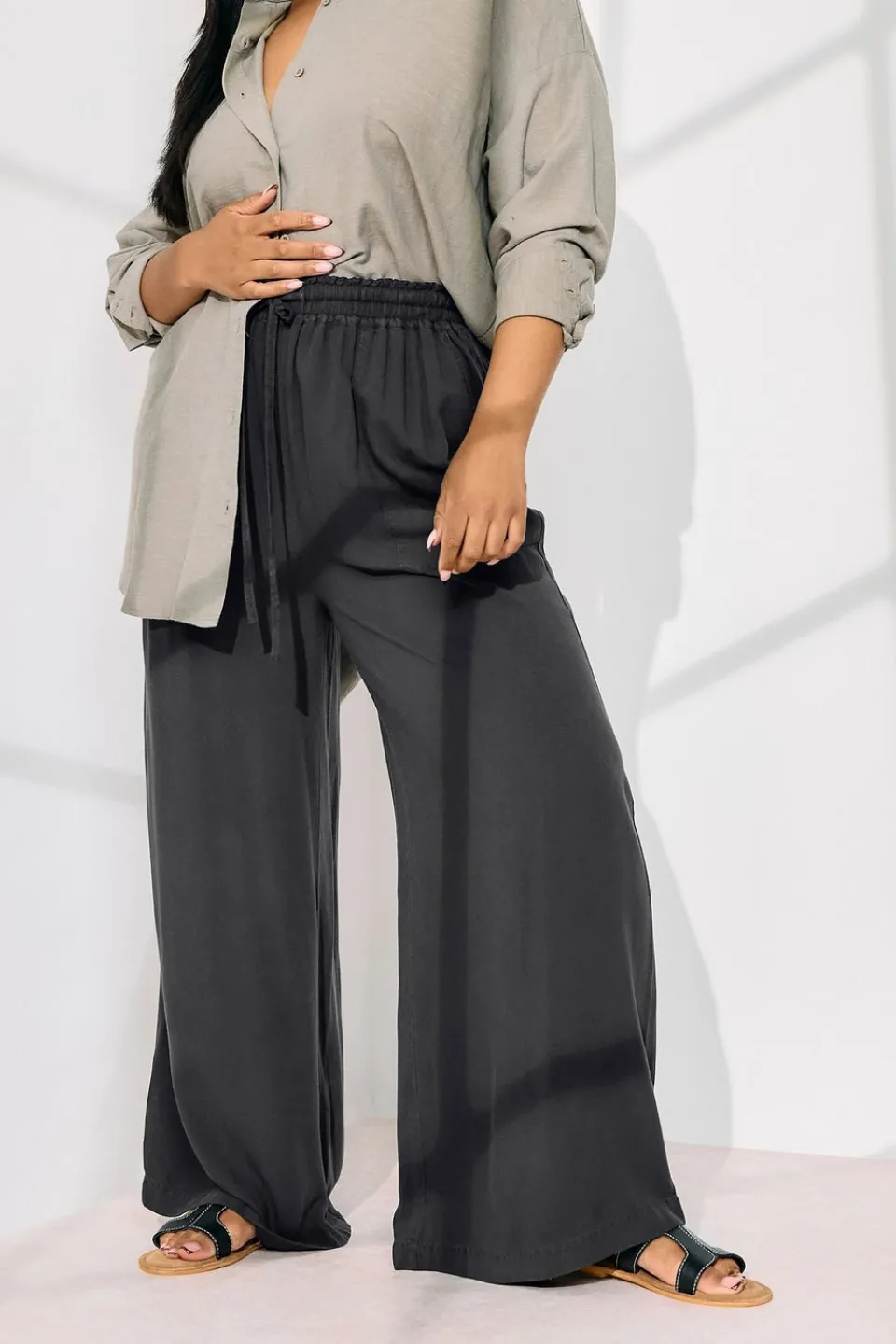 Trousers>YOURS Curve Black Chambray Tie Front Wide Leg Trousers