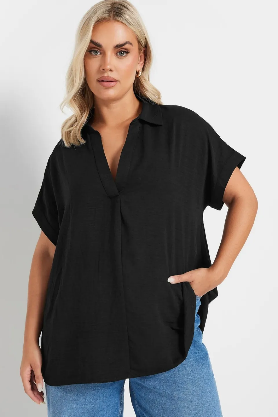 Tops>YOURS Curve Black Collared Pleat Front Blouse