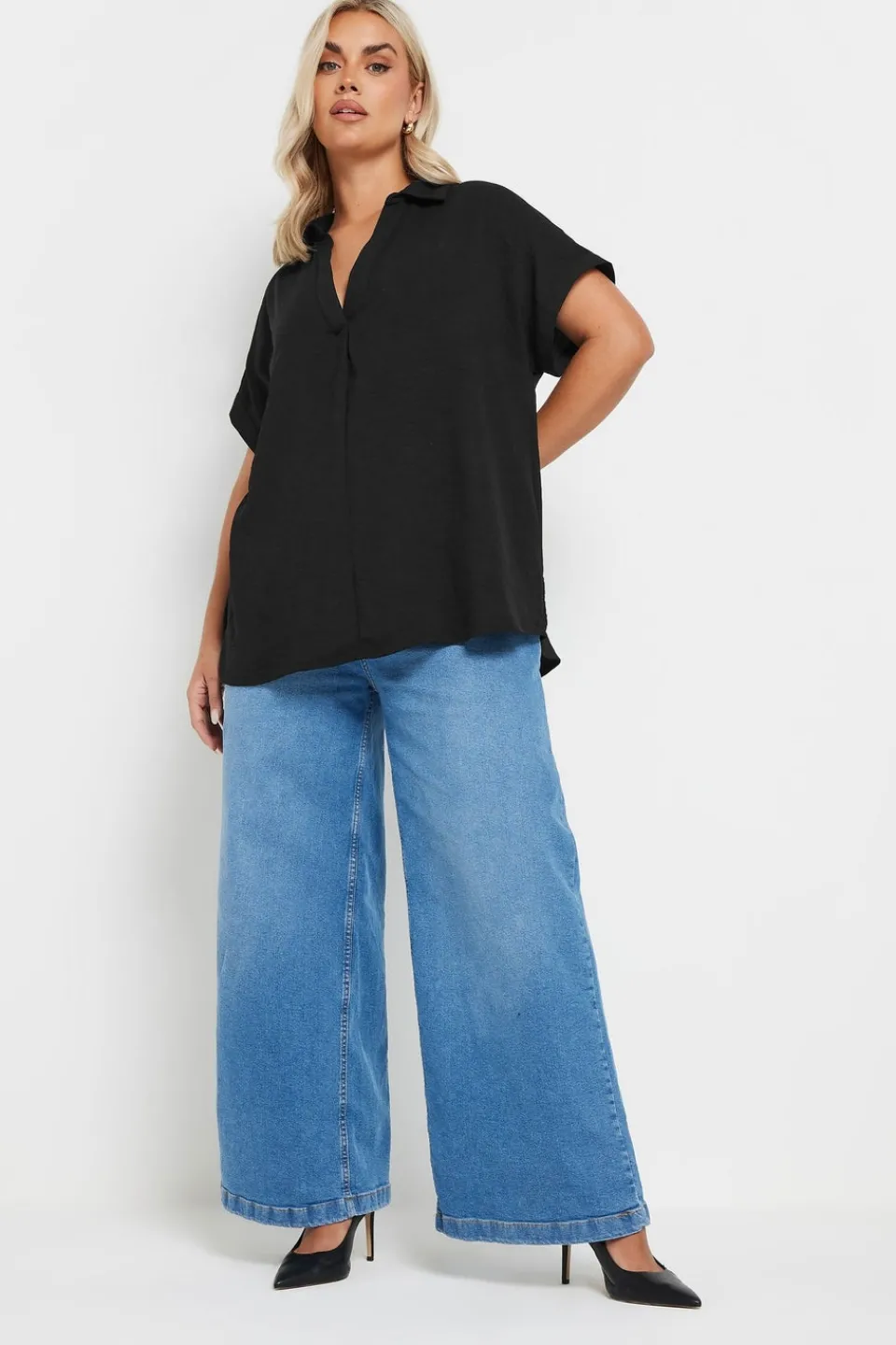 Tops>YOURS Curve Black Collared Pleat Front Blouse