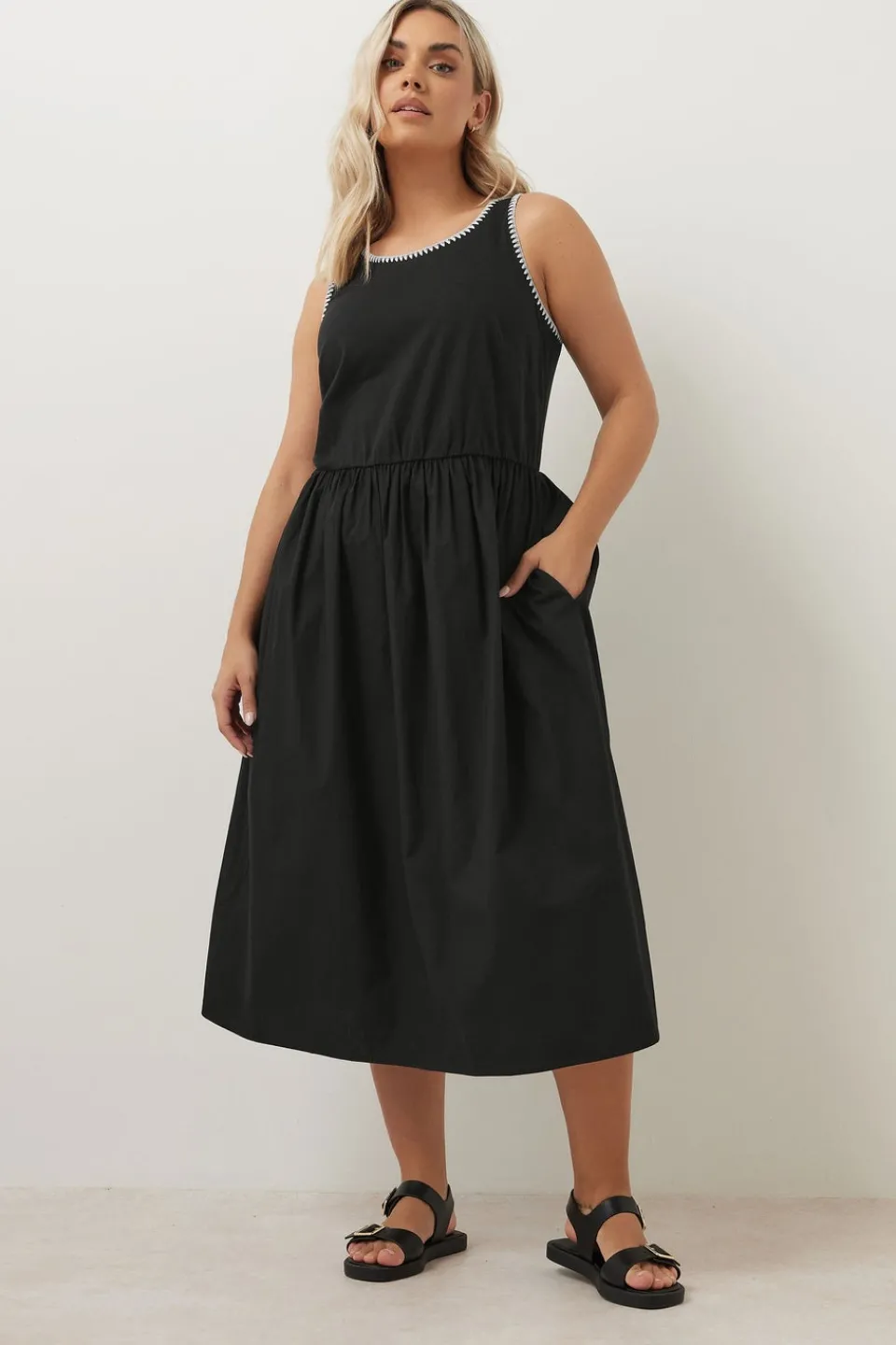 Dresses>YOURS Curve Black Contrast Blanket Stitch Midi Dress