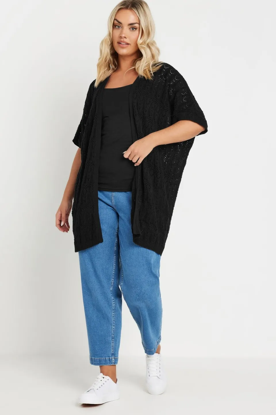 Tops>YOURS Curve Black Crochet Short Sleeve Cardigan