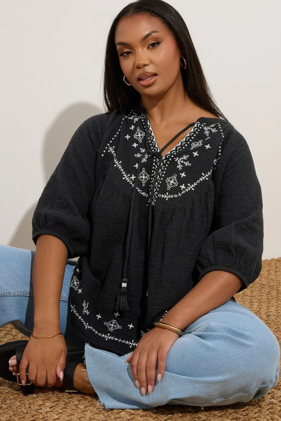 Tops>YOURS Curve Black Embroidered Tie Front Blouse