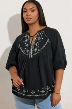 Tops>YOURS Curve Black Embroidered Tie Front Blouse
