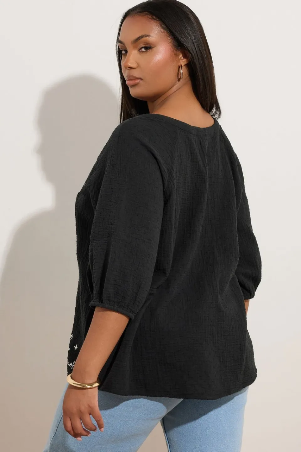 Tops>YOURS Curve Black Embroidered Tie Front Blouse
