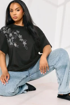 T-Shirts>YOURS Curve Black Floral Oversized Sequin Top