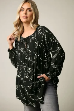 Tops>YOURS Curve Black Floral Tie Neck Pintuck Top