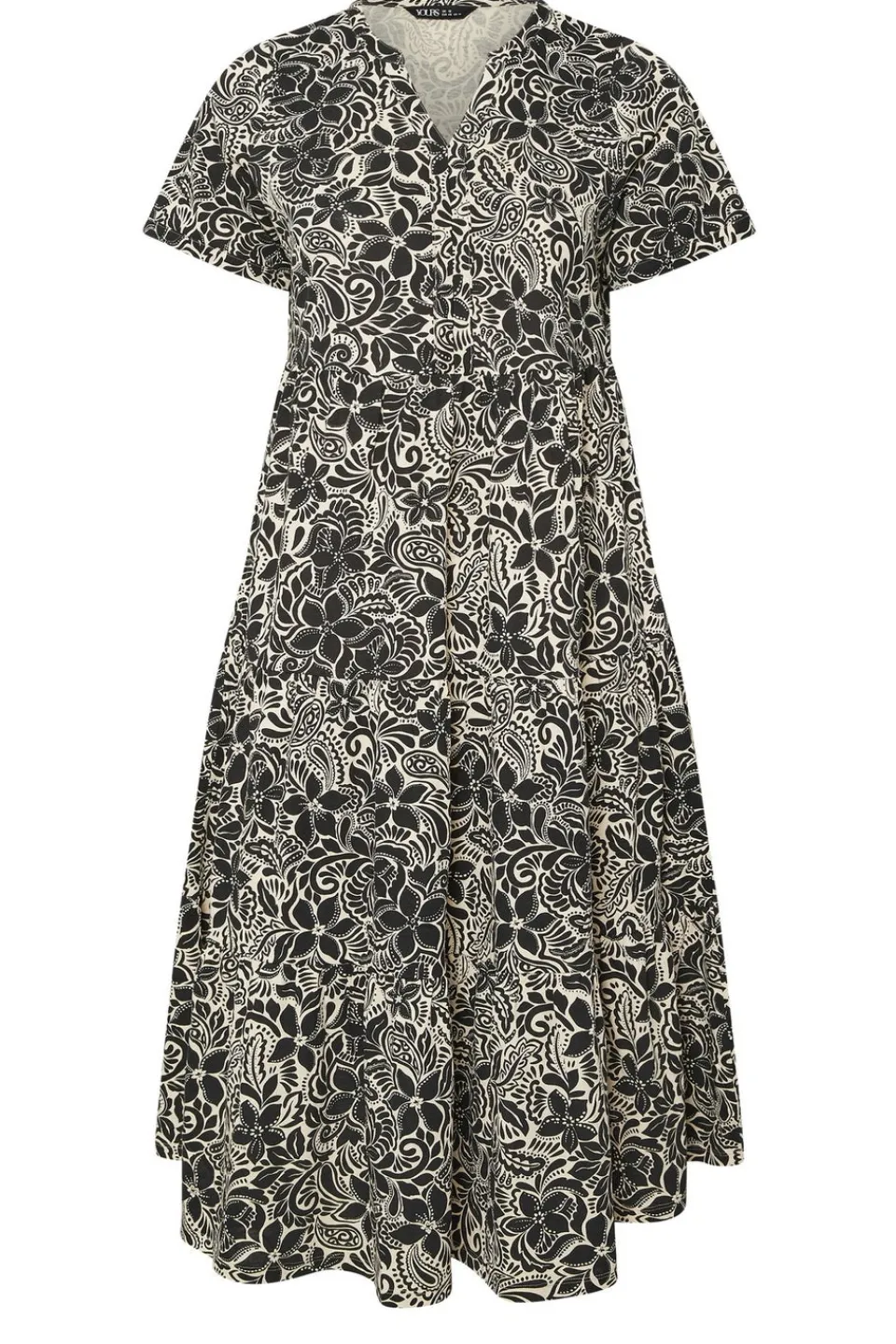 Dresses>YOURS Curve Black Floral Print Tiered Cotton Midaxi Dress BlackFloral