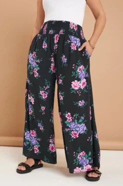 Trousers>YOURS Curve Black Floral Print Shirred Wide Leg Trousers
