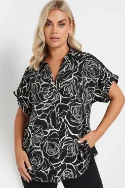Tops>YOURS Curve Black Floral Print Collared Blouse