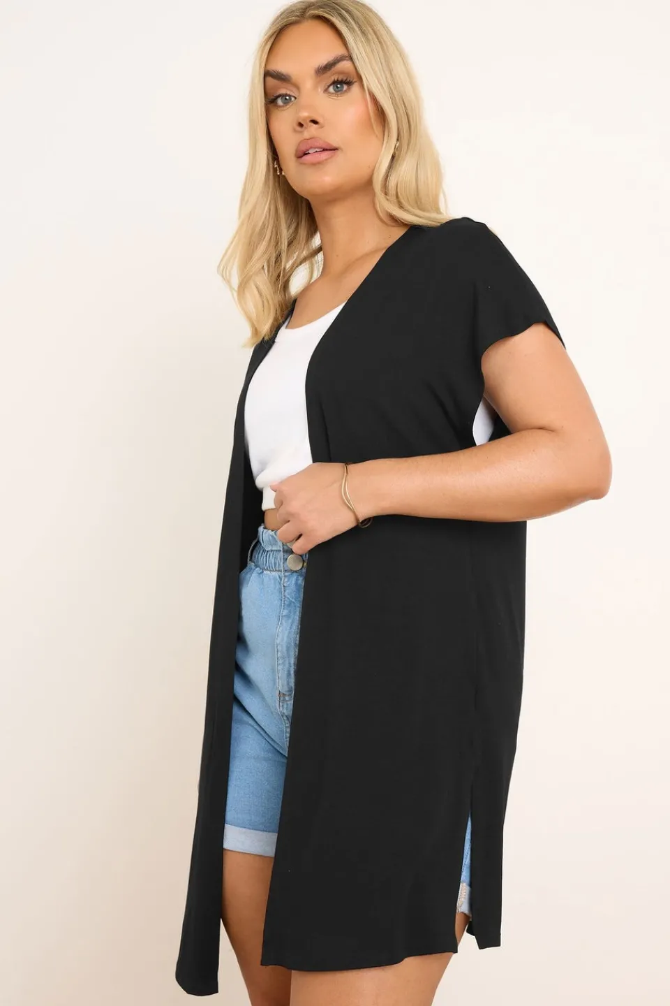 Tops>YOURS Curve Black Grown On Sleeve Jersey Cardigan