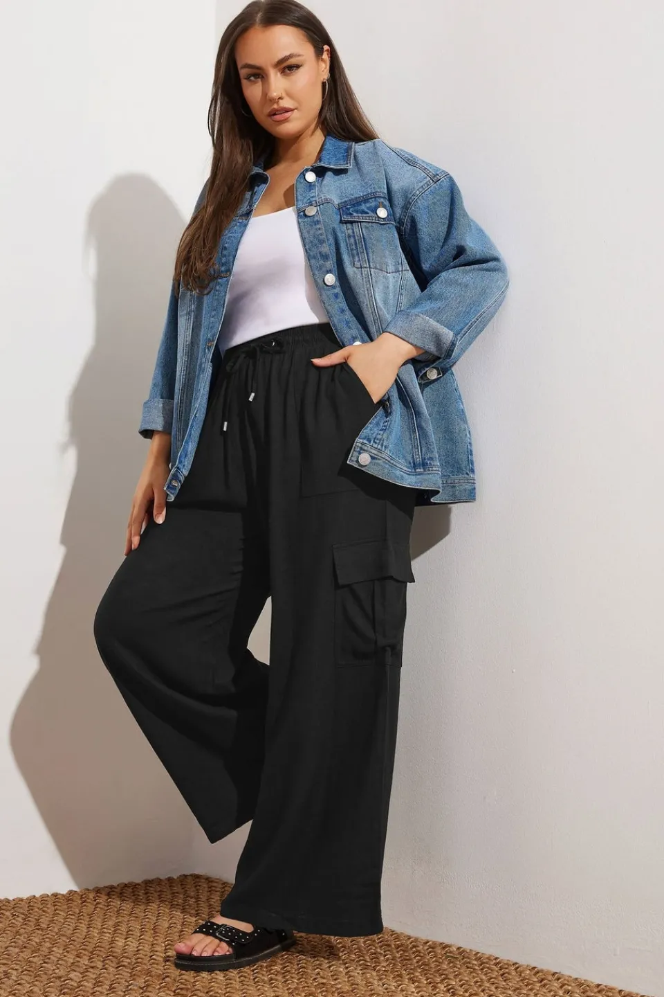 Trousers>YOURS Curve Linen Cargo Trousers Black