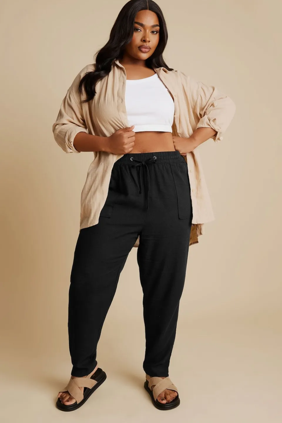 Trousers>YOURS Curve Black Linen Tie Front Joggers