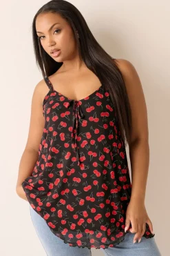 Tops>YOURS Curve Black Mesh Cherry Graphic Tie Vest Top