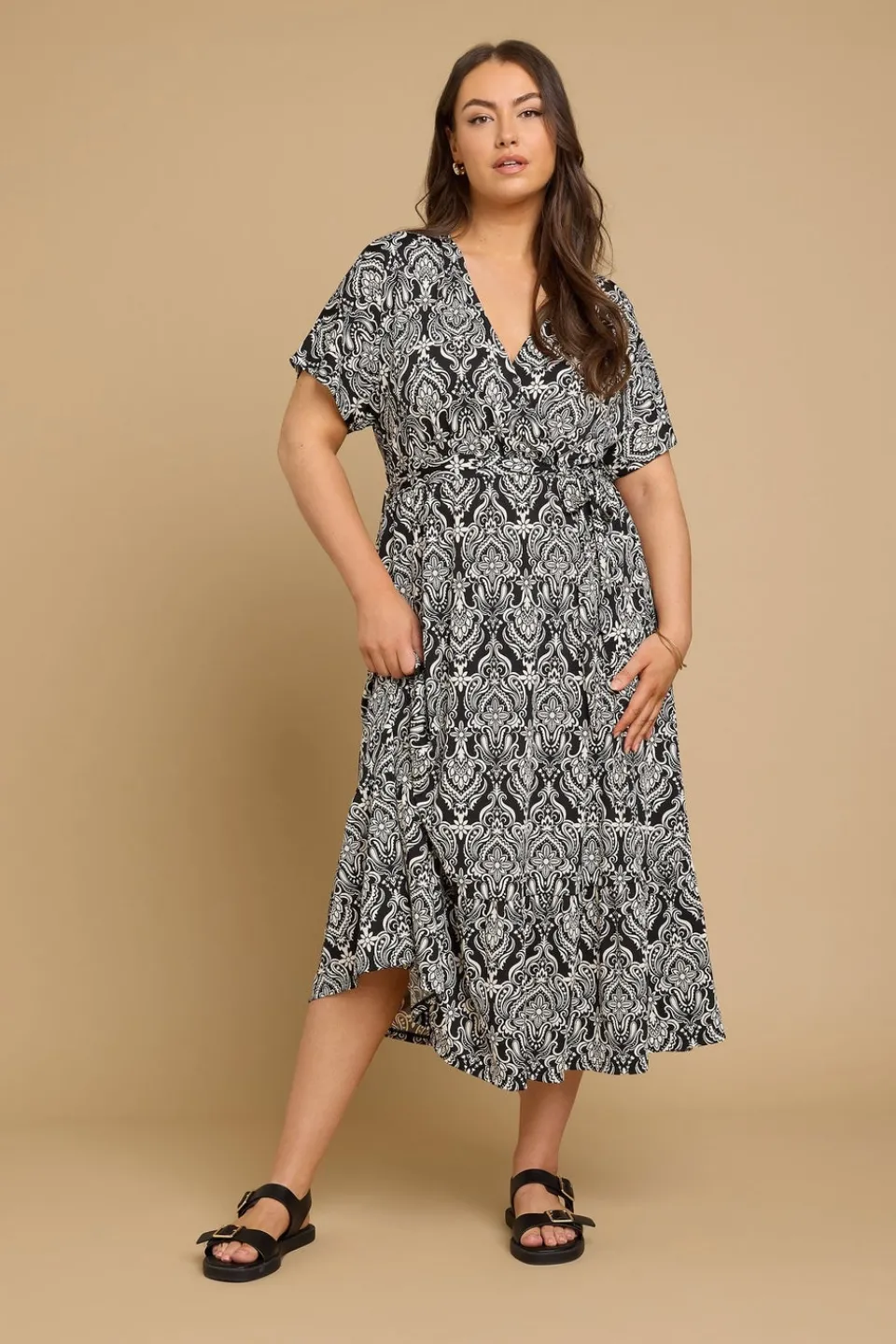 Dresses>YOURS Curve Black Paisley Print Midaxi Wrap Dress BlackPrint