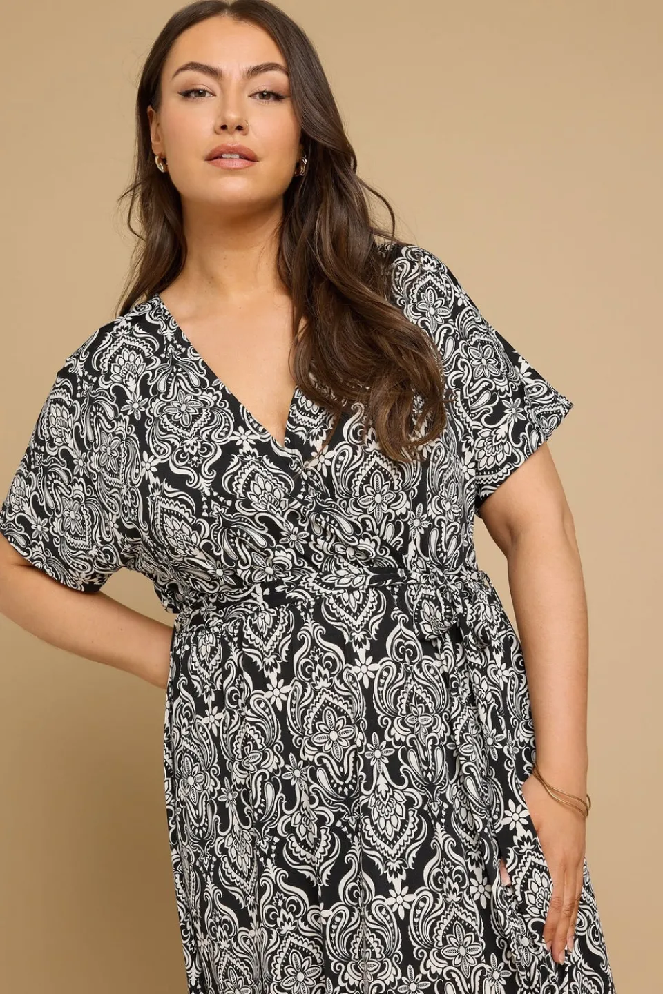 Dresses>YOURS Curve Black Paisley Print Midaxi Wrap Dress BlackPrint