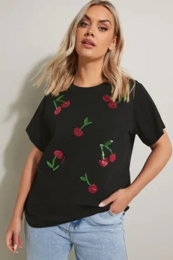 T-Shirts>YOURS Curve Black Sequin Embellished Cherry T-Shirt