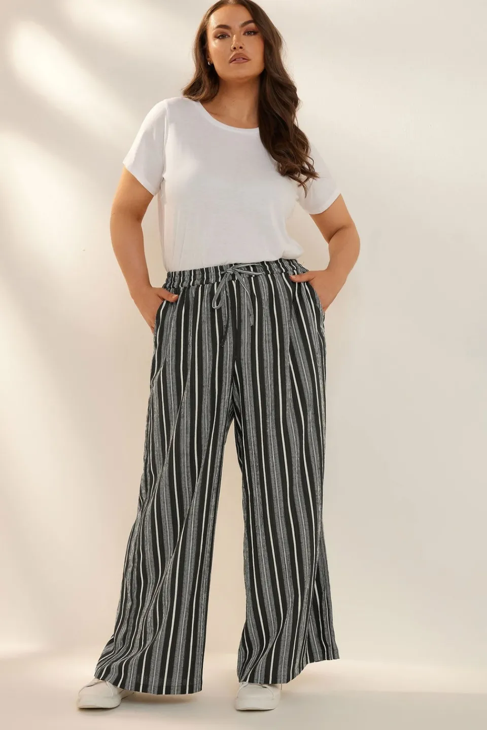 Trousers>YOURS Curve Black Stripe Textured Wide Leg Trousers BlackStripe