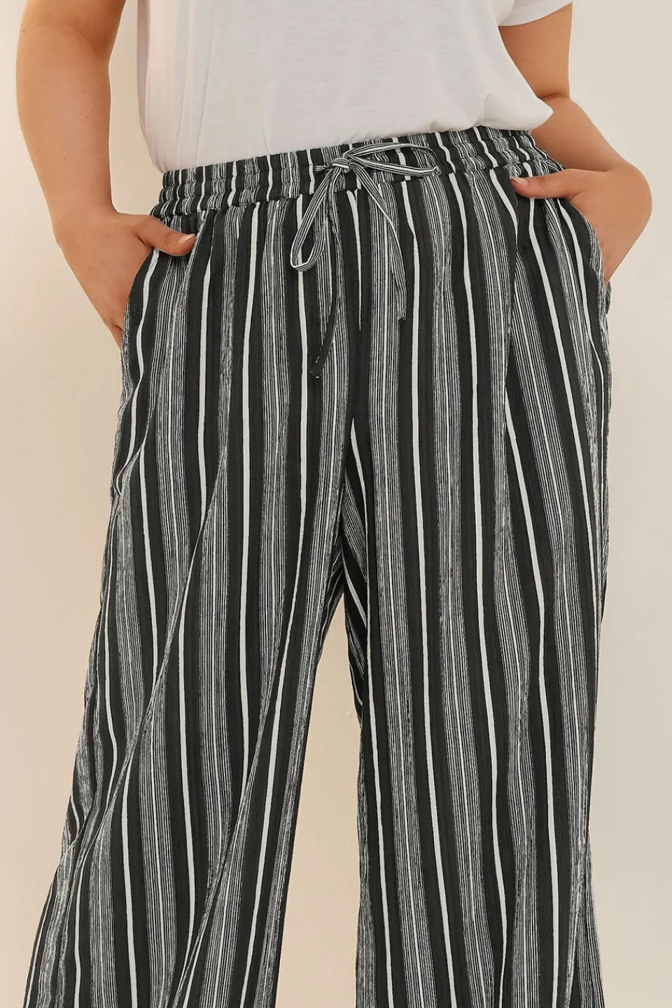 Trousers>YOURS Curve Black Stripe Textured Wide Leg Trousers BlackStripe