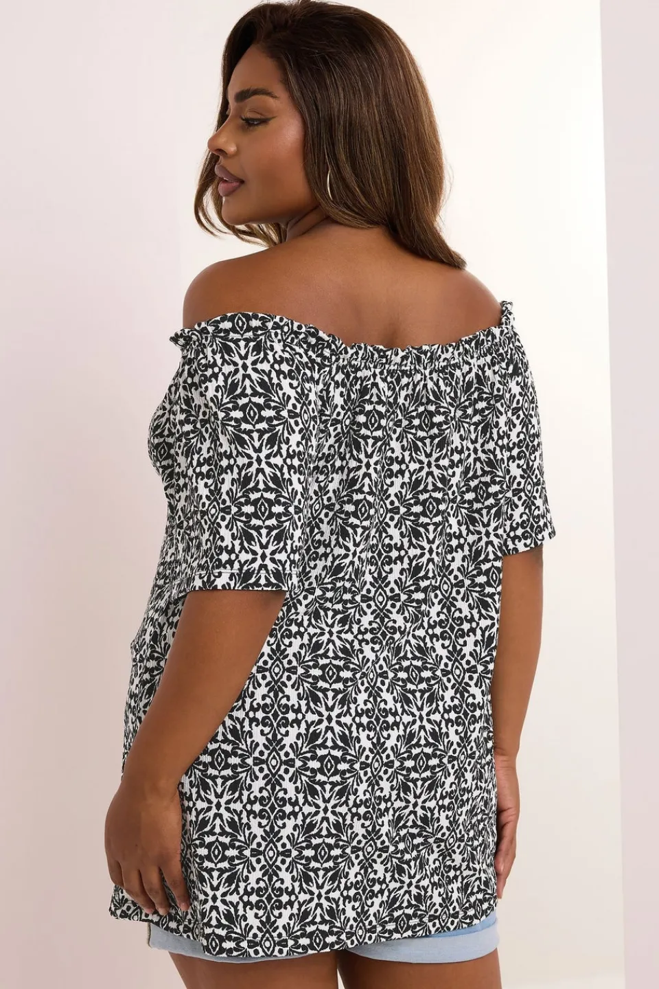 Tops>YOURS Curve Black Textured Tile Print Bardot Top