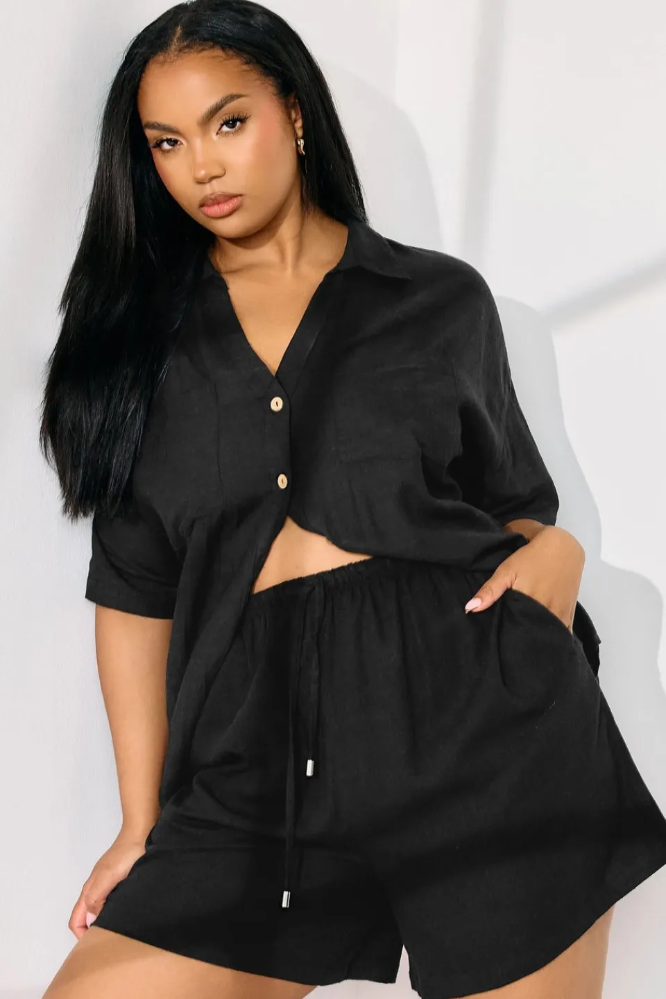 Shorts>YOURS Curve Tie Front Linen Shorts Black