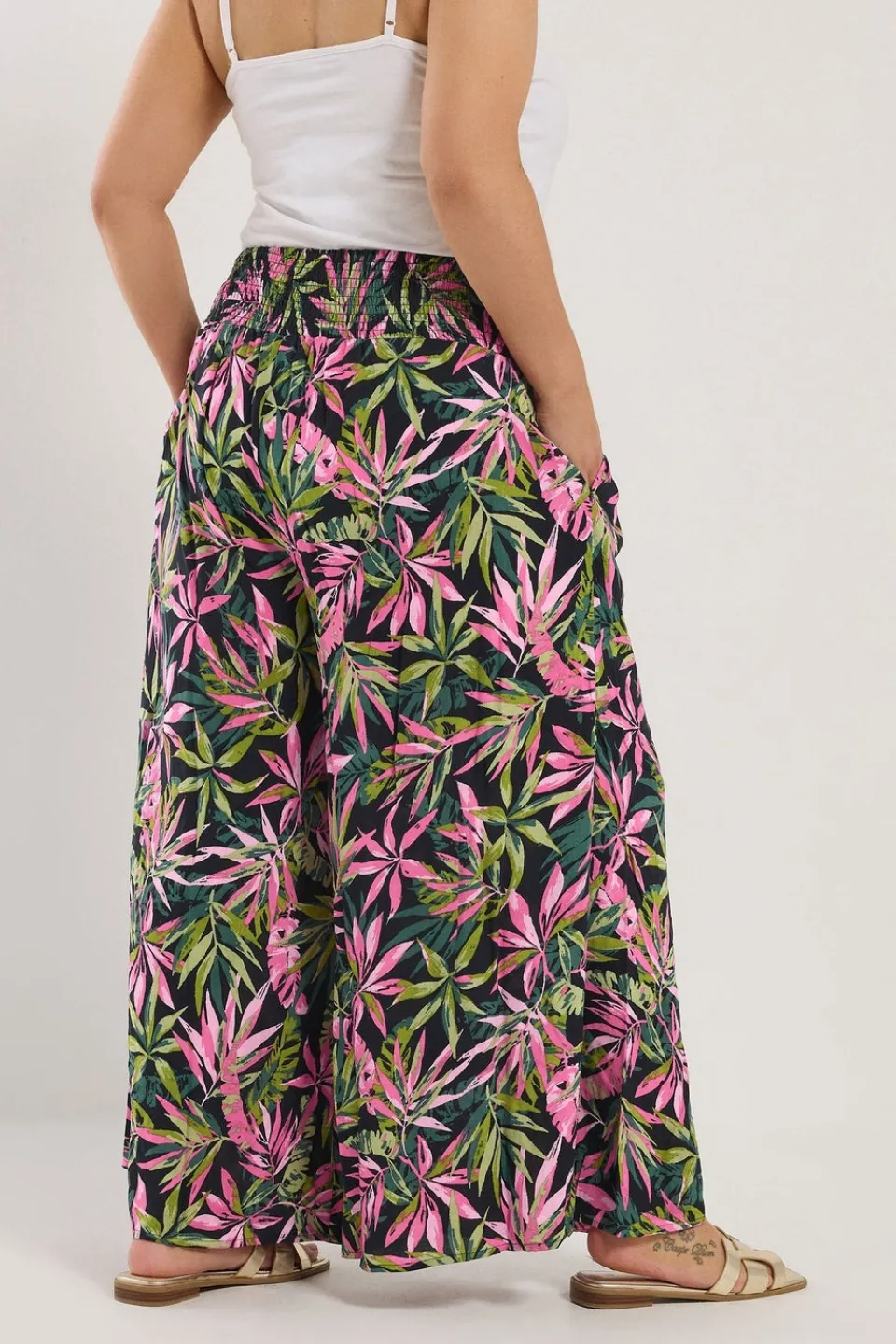 Trousers>YOURS Curve Black Tropical Print Shirred Wide Leg Trousers