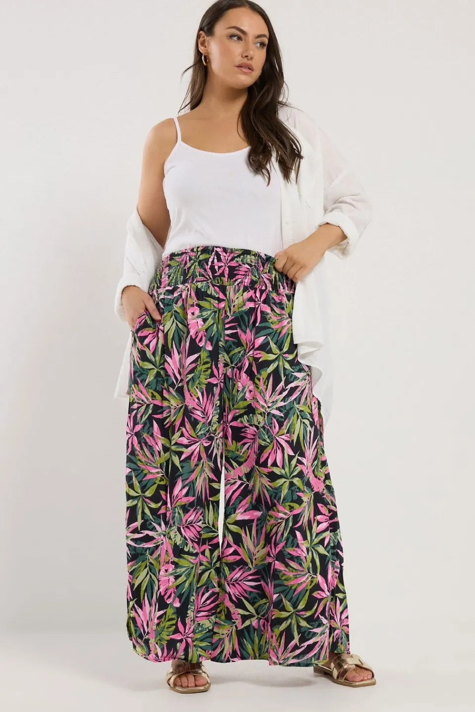 Trousers>YOURS Curve Black Tropical Print Shirred Wide Leg Trousers