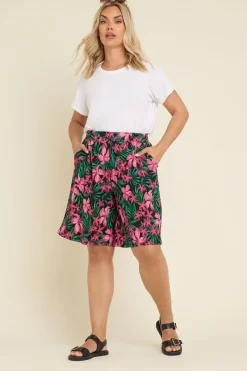 Shorts>YOURS Curve Black Tropical Floral Print Jersey Shorts