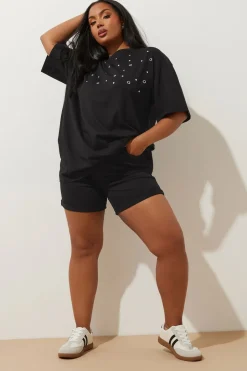 Shorts>YOURS Curve Black Washed Elasticated Waist Turn Up Denim Shorts