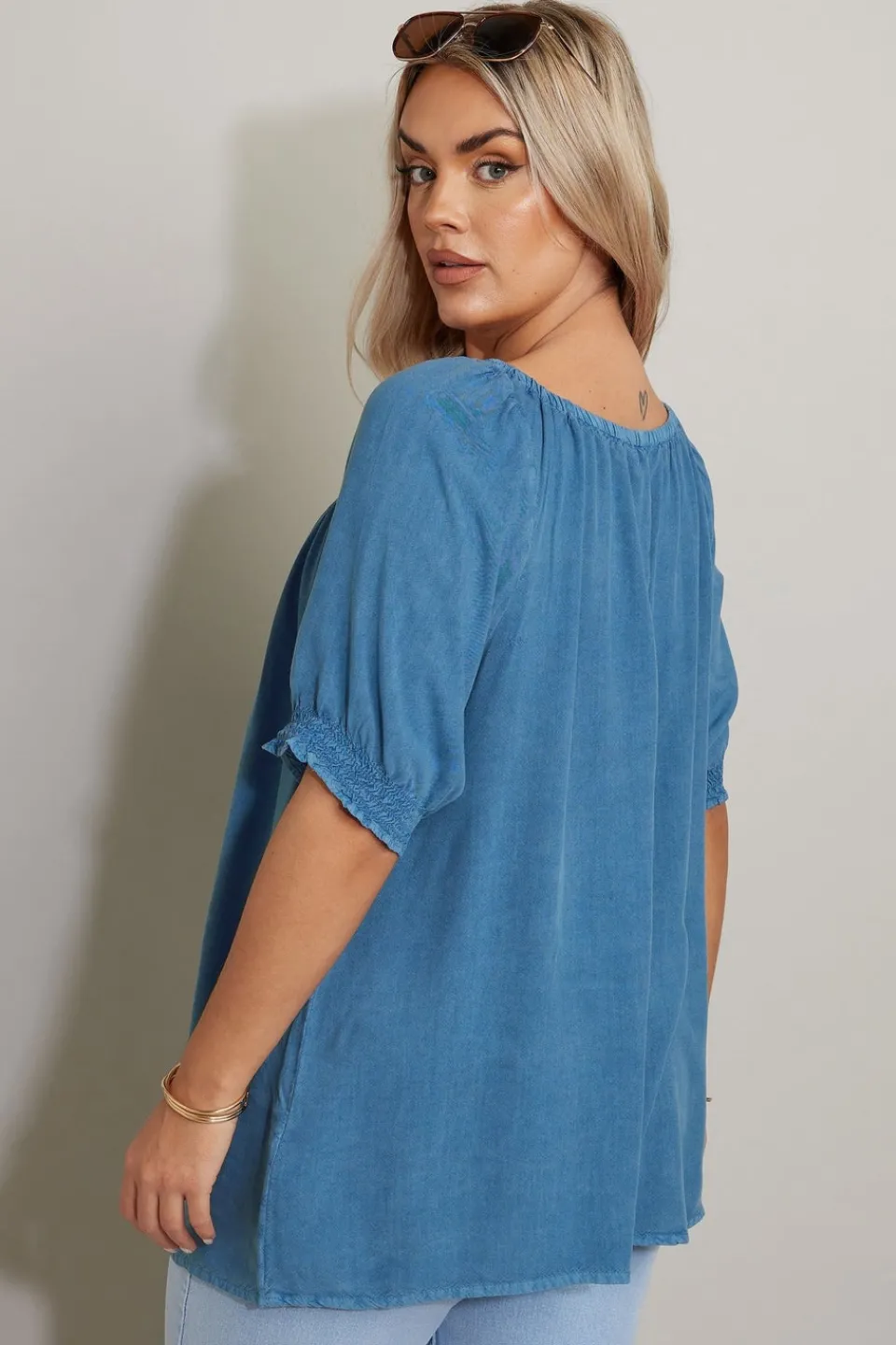 Tops>YOURS Curve Blue Chambray Tie Neck Top