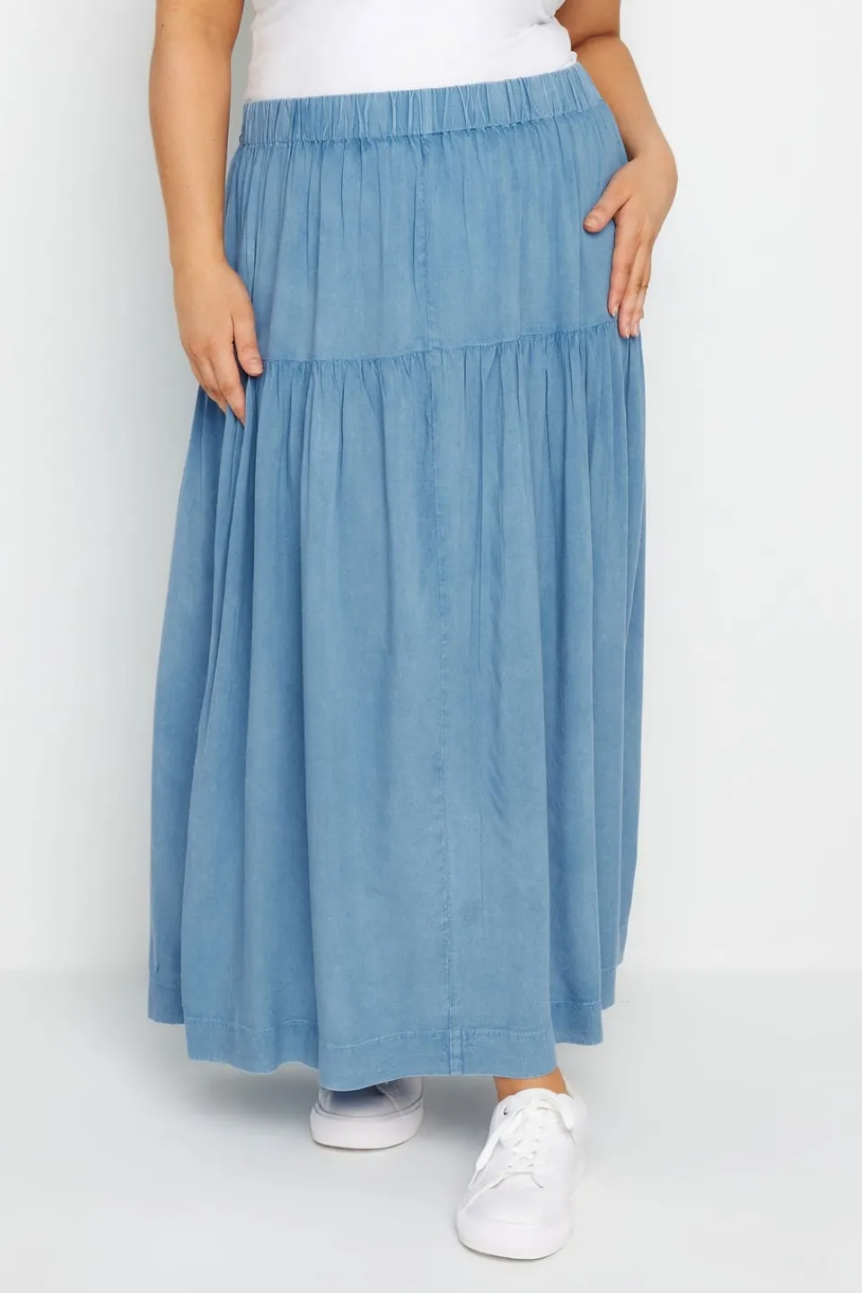 Skirts>YOURS Curve Blue Chambray Tiered Midi Skirt