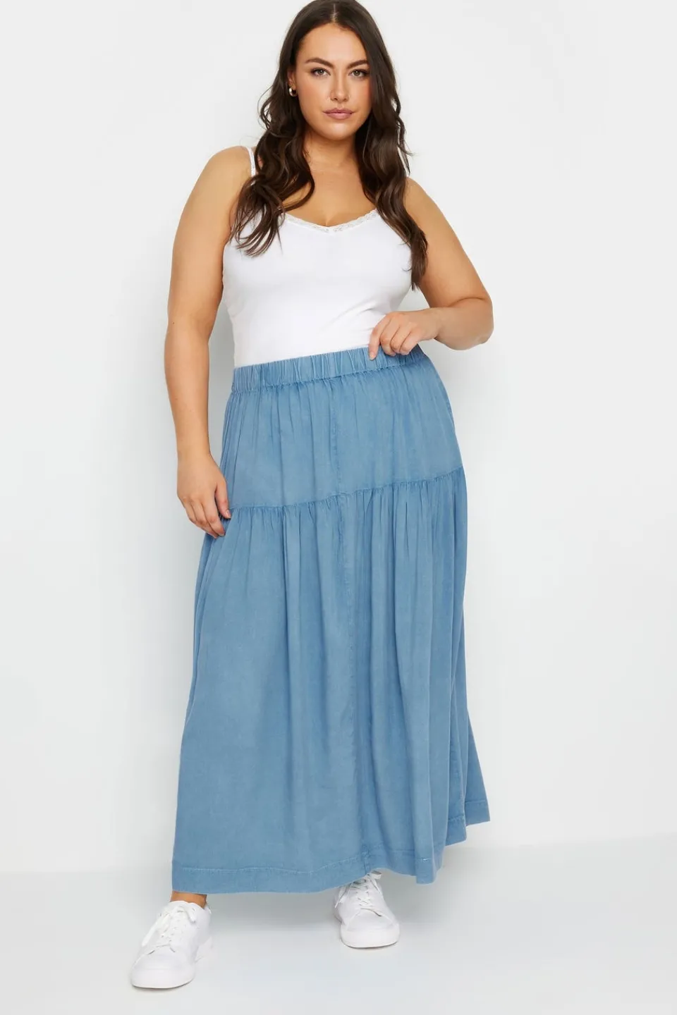Skirts>YOURS Curve Blue Chambray Tiered Midi Skirt